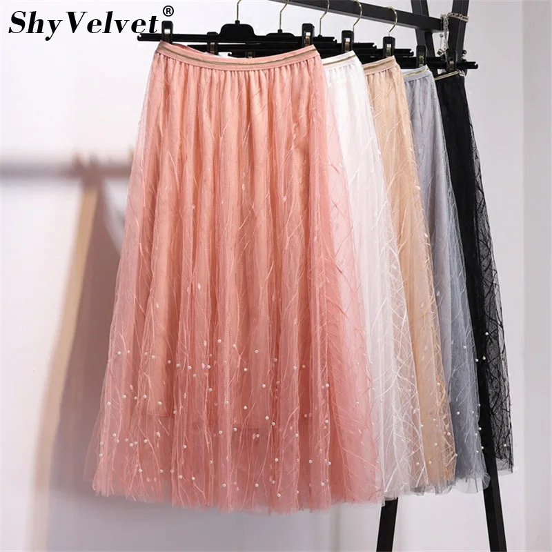 Новая Длинная женская юбка из тюля с бусинами и высокой талией, гофрированный с сеткой, длинные юбки, Лоскутная Цветочная кружевная юбка розового и серого цвета