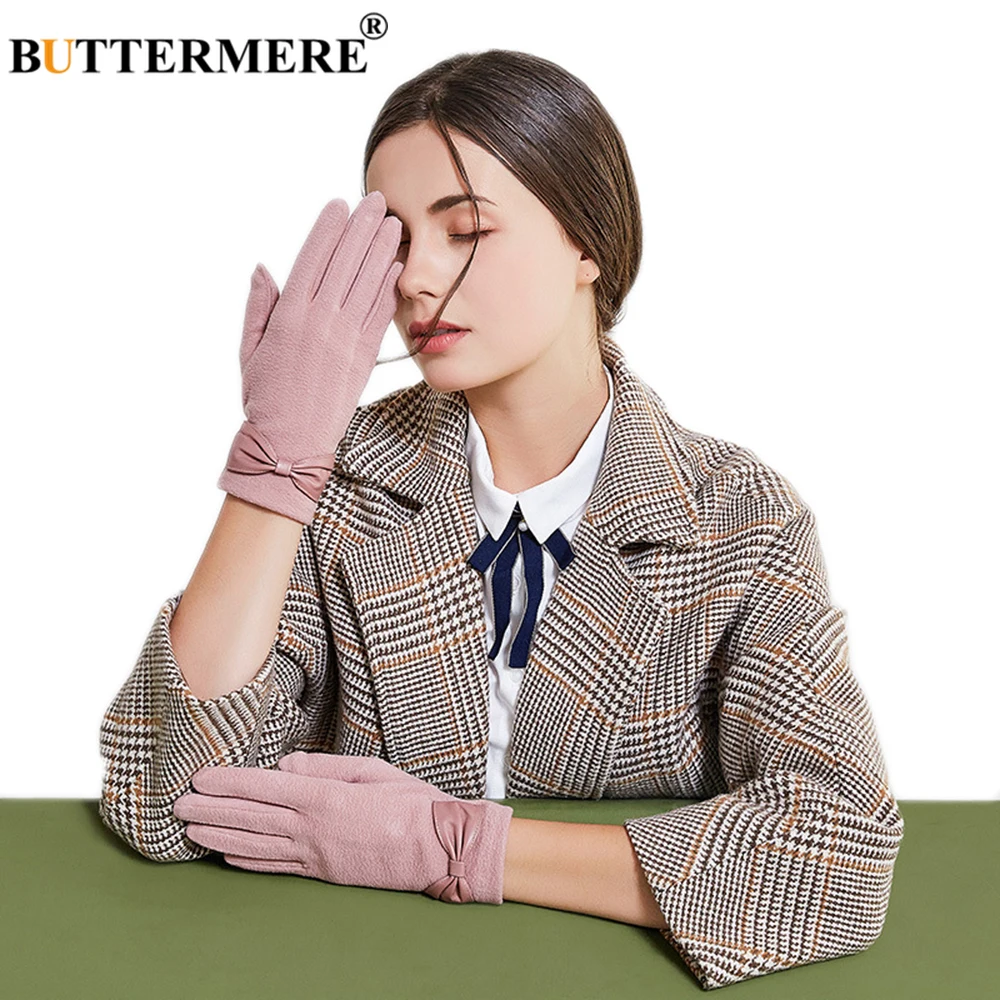 

BUTTERMERE Pink Driving Gloves Women Coral Fleece Winter Gloves Female Cute Bowknot Elegant Ladies Short Touch Screen Mittens