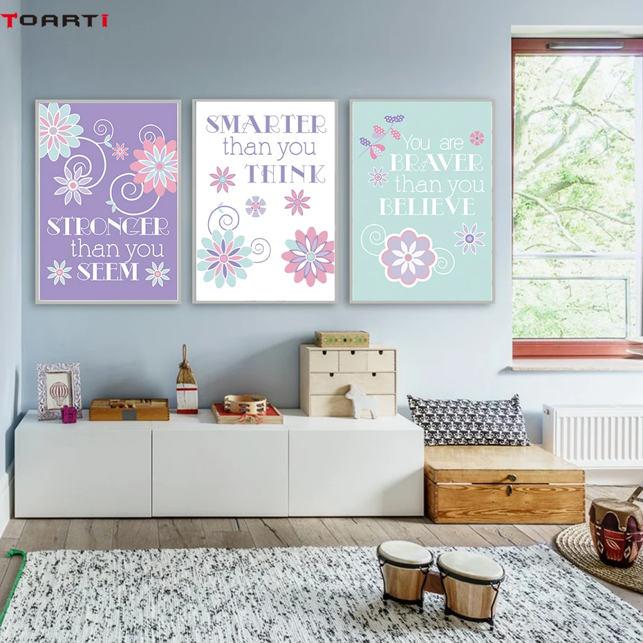 

Motivational Kids Quote Prints Posters Brave Letter Art Color Flowers Canvas Painting On The Wall Modern Picture Kids Decoration