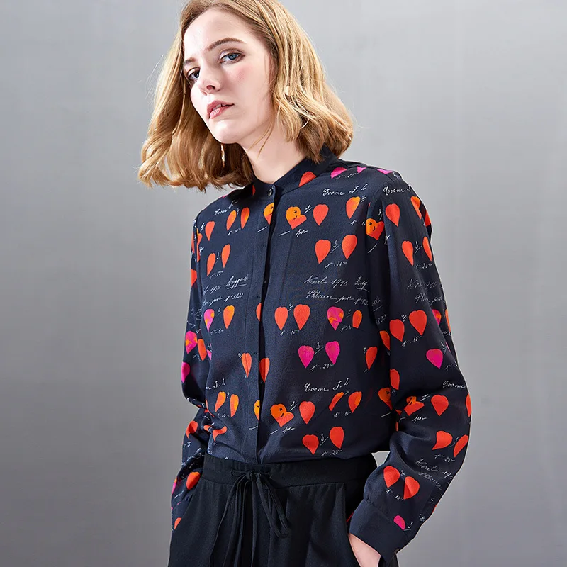 

2019 Spring Women's Wear New High Quality Printed 100% Real Silk Shirt and Blouses Sleeve Tops