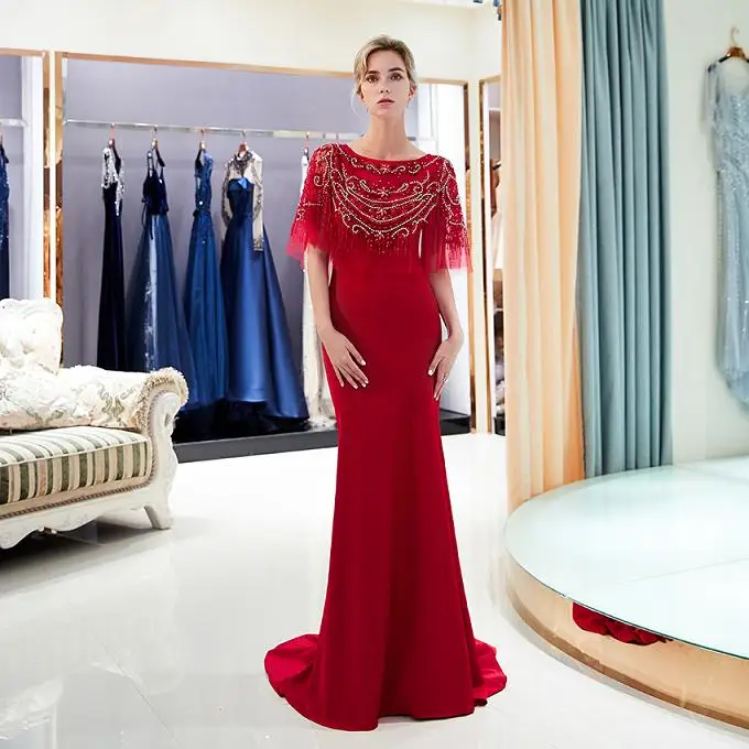 Элегантное женское платье для выпускного вечера с кристаллами, Русалка, украшенный бусинами длинное темно-синее длинное вечернее платье - Цвет: Wine Red