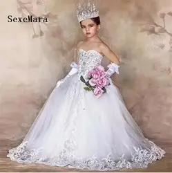Роскошные сверкающие кристаллы для девочек в цветочек платья для свадеб Бисер кружевное длинное платье изготовленный на заказ белый цвета