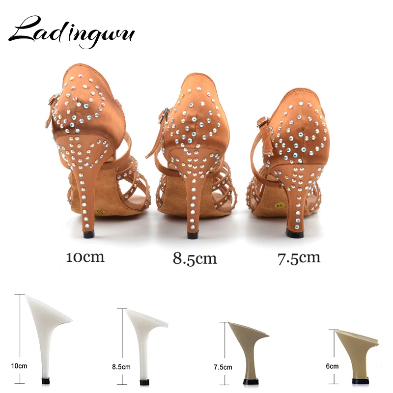 Ladingwu Glitter Rhinestone Latin Dance Shoes  women's  Satin Brown Salsa Wedding Ballroom Dance Shoes Women  high heel 10cm