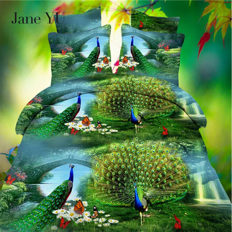 

JaneYU Home Textiles 3D Peacock Bedding Sets Queen 4 Pcs Duvet Cover Bed Sheet Pillowcase Bedclothes