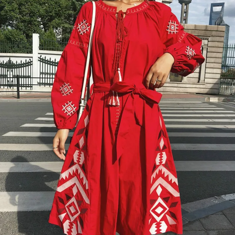 2019 Новое весеннее женское платье длинное богемное вышитое Vestido свободное хлопковое винтажное платье льняное платье фонарь