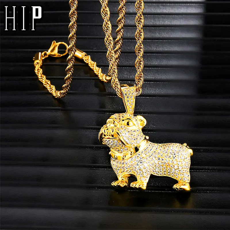 

Hip Hop Full Iced Out Bling Pit Bull Dog Necklace Rhinestone Rope Chain Gold Color Pendants & Necklaces For Men Jewelry