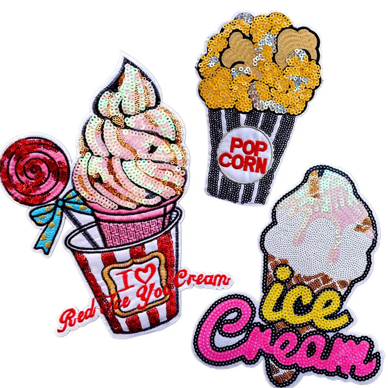 

Fine Embroidered Cloth Stickers Large Sequins Embroidered Patch Stickers Ice Cream Popcorn DIY Clothes Bag Decorative Stickers