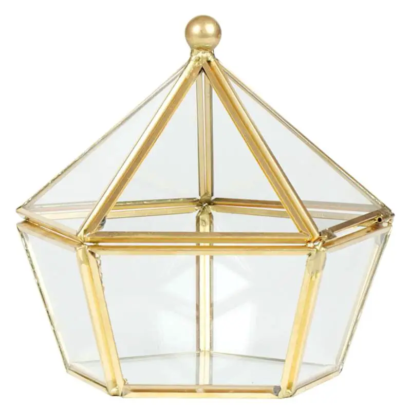 Винтажные Декоративные ювелирные изделия грудь геометрический Террариум окно коробка для хранения Дисплей Чехол в форме пятиугольника прозрачное стекло и Латунь Тон