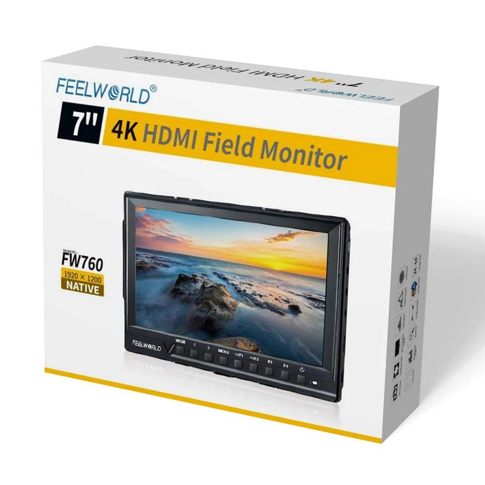 FEELWORLD FW760 7 Inch Camera Field Monitor 4K HDMI DSLR Video Assist Full HD 1920x1200 IPS Screen 1200:1 High Contrast Display