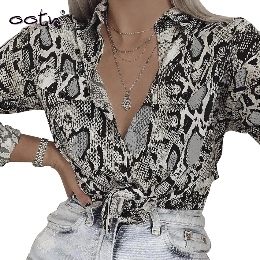 

OOTN Vintage Snake Skin Print Long Sleeve Women Tops And Blouse Sexy Pocket Blusa Shirts Female Button Down Collar Blouses 2019