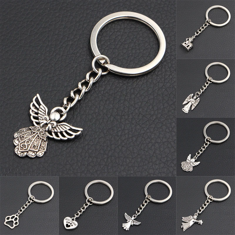 

2018 New DIY Handmade Antique Silver Wing Guardian Angel Charms Key Chains Creative Novelty Gift Keychains Rings