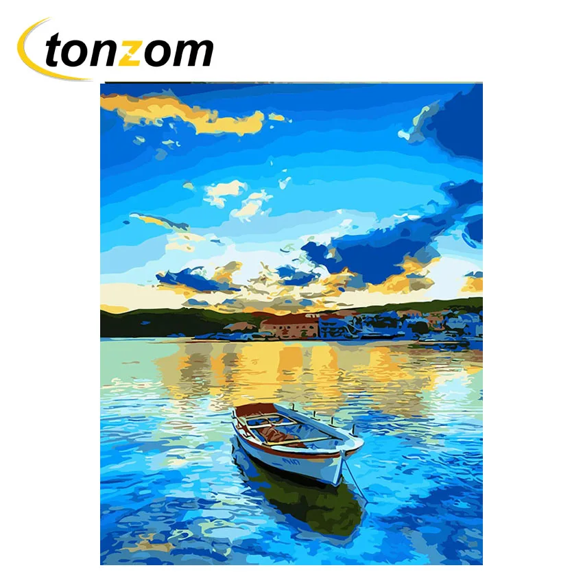 

RIHE Blue Sky Boat Drawing By Numbers DIY Sea Painting Handwork On Canvas Landscape Oil Painting Art Coloring Home Decor 2018