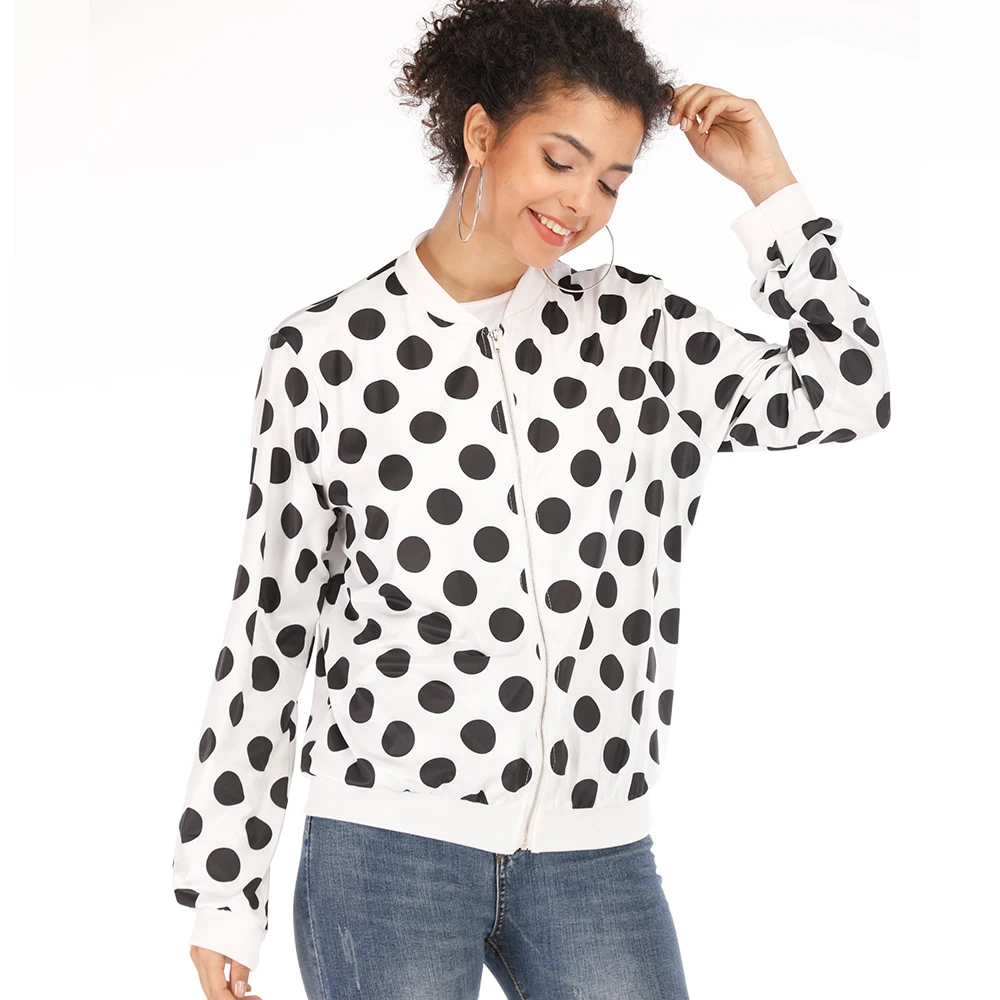 

Polka Dot Print Jacket Women Plus Size Casual Coat Women's O-Neck Long Sleeve Spring Jackets Short Zipper Bomber Jacket Slim Top