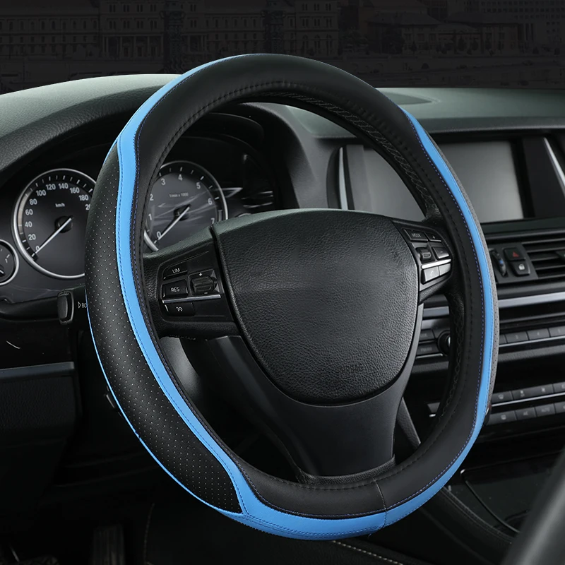 

KKYSYELVA Stering-wheel Black leather car steering wheel cover 38cm Wheel Cover Steering wheel covers Interior Accessories