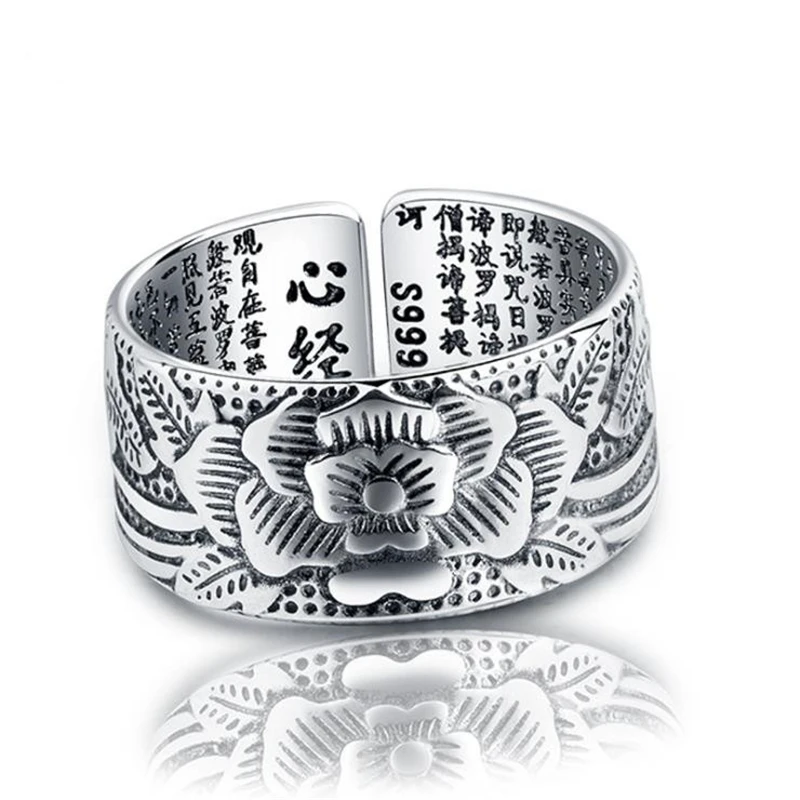 

KOFSAC Thai 925 Sterling Silver Jewelry Open Ring Vintage Amulet Buddha Lotus Baltic Buddhist Scriptures Rings For Men Women