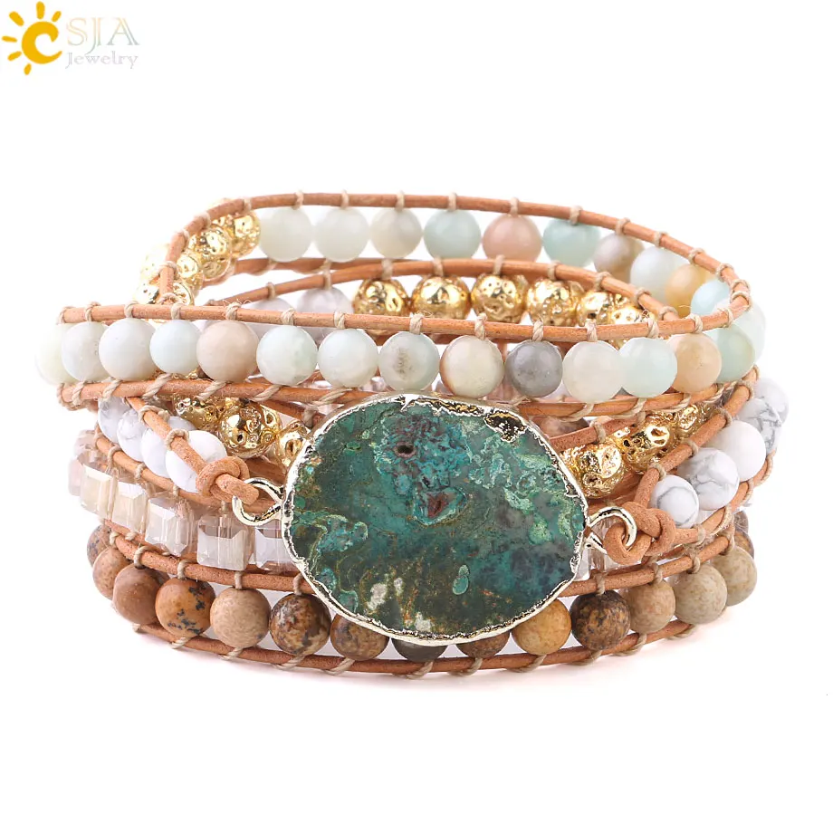 CSJA Boho Agates Wrap Bracelets Natural Stone Beads Green Ocean Charms Jewelry 5 Strand Girls Friendship Leather Bracelet S217 | Украшения