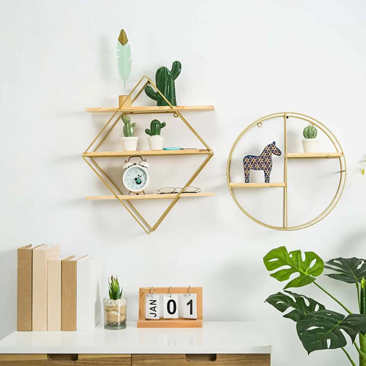 

Modern Metal Wall Shelf Round Diamond Iron Rack Wall Hanging Decoration Metal Grid wall decorative shelf Storage Holders Racks