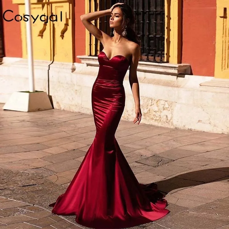

COSYGAL 2019 Strapless Bodycon Elegant Dress Women Maxi Long Evening Party Dress Floor Length Sexy Red Dress Vestidos De Fiesta