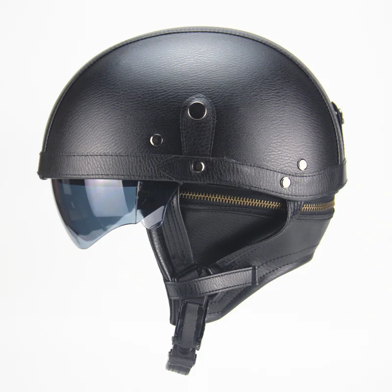 

Motorcycle Motorbike Rider Half PU Leather Retro Helmet Visor With Collar Vespa Open Face Half Motor With Dual lens
