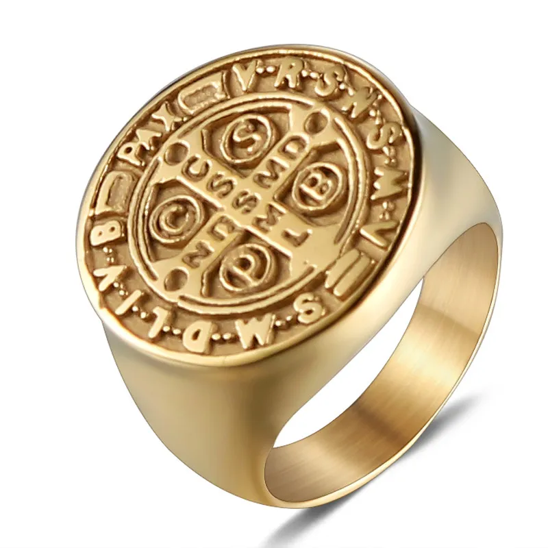 CHUKUI, мужские кольца из нержавеющей стали в стиле панк, золотой тон Святого Бенедикта, церковное религиозное кольцо с крестом Иисуса Христа, рыцарское ювелирное изделие