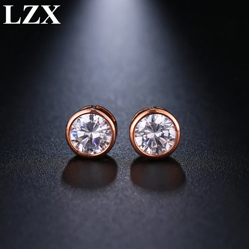 

LZX New Trendy White/Rose Gold Color Classic Design 8mm Cubic Zirconia Stone Stud Earrings For Women Fashion Party Jewelry