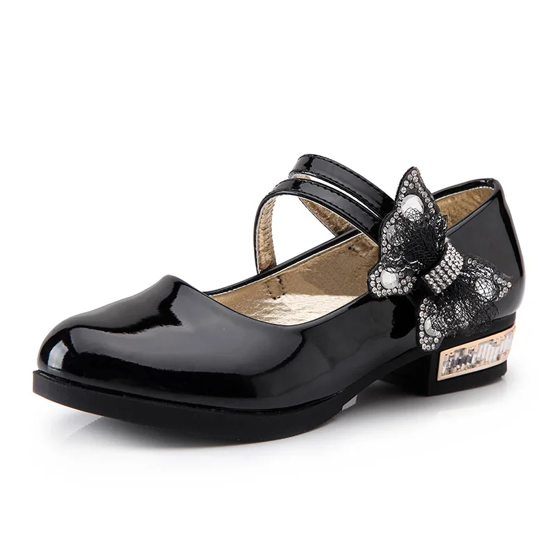 Red black pink Childrens leather shoes Girl Low heeled bows Rhinestone Princess dancing shoes Spring Autumn Wedding Party Shoes