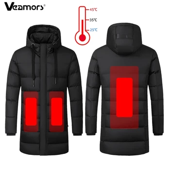 

USB Heated Hiking Jackets For Men Women Keep Warm Hooded Down Cotton Overcoat Outdoor Sports Skiing Windproof Long Winter Jacket