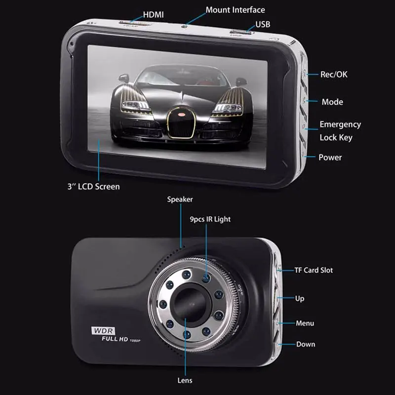 XGODY T639 DVR 3 Inch Dash cam Car Camera Night Vision With 9 IR Lights Driving Video Recorder Mirror Full HD 1080P Dashcam 