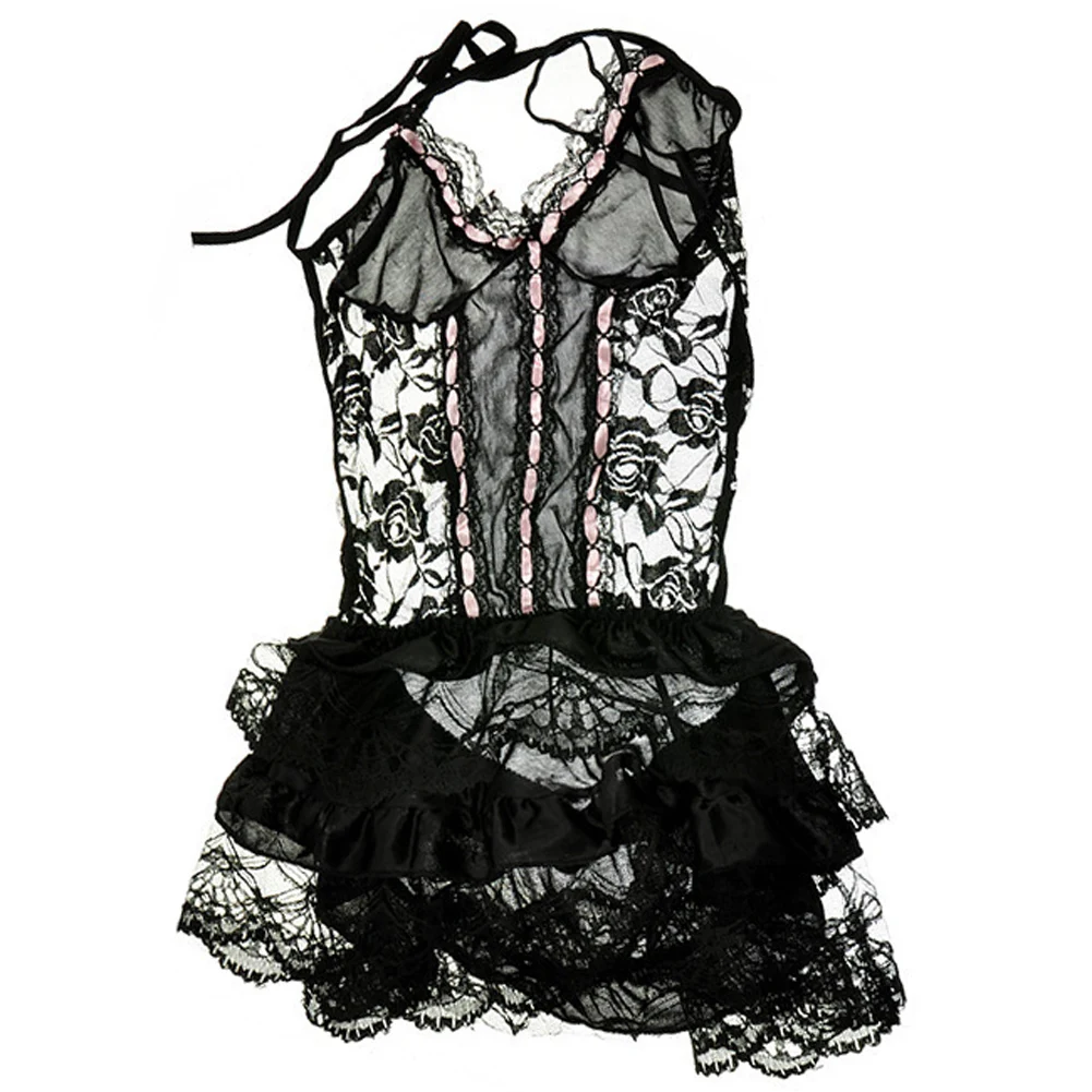 Women Sexy Lingerie Dress Hot Sexy Costumes Details Underwear Backless Lace Set Dress Erotic Lingerie+g-string Black Saia