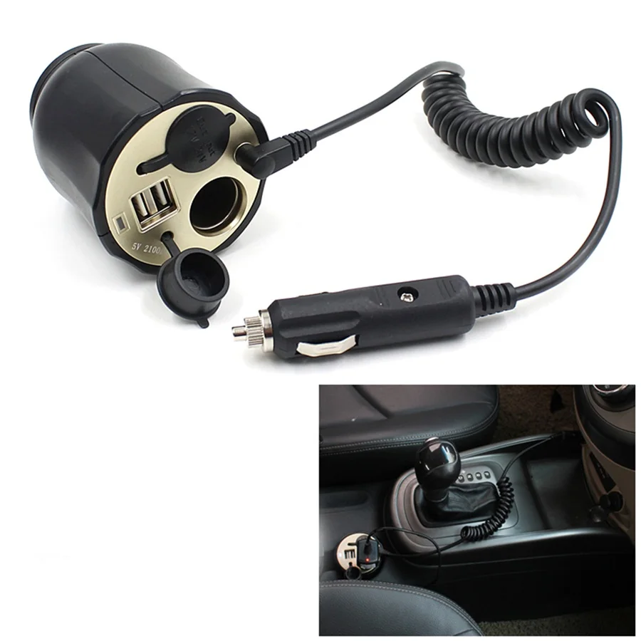 Cup Car Charger Holder 2 USB Port 2.1A and 2 Cigarette Lighter Hub