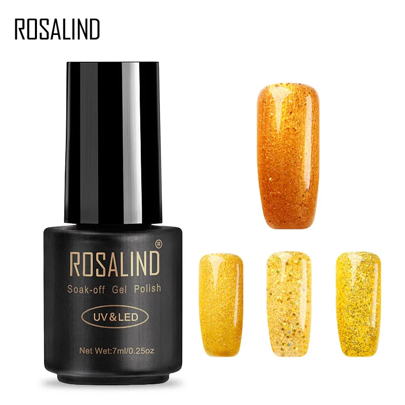 

ROSALIND Gel 1S 7ML Yellow Color Diamond Glitter Gel Nail Polish Top Base Primer Manicure Cure Nail Art Gel Varnish Soak off