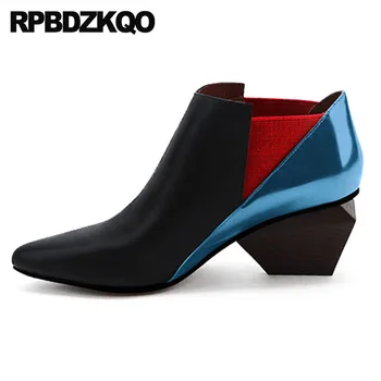 

Winter Genuine Leather Chunky Pointed Toe Slip On Patchwork Booties Chelsea High Quality Women Ankle Boots Medium Heel Shoes