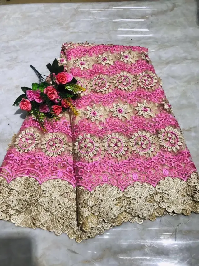 Новая Африка Анкара 3D Цветок Бисером кружевная ткань, новейший дизайн нигерийские кружевные ткани для свадебного платья вечерние желтые - Цвет: as picture