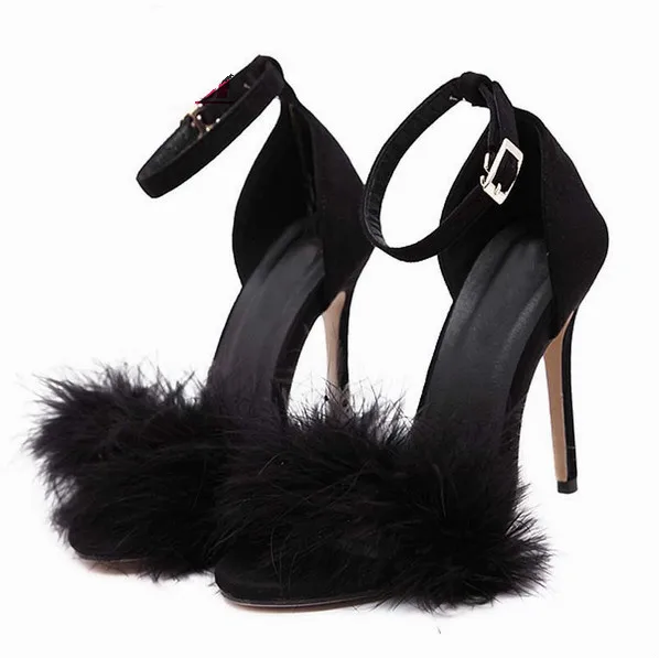 ФОТО New fashion sexy high-heeled shoes and 2017 female pump fine feather Black / Pink / Wine Red Suede Sandals trend word buckle