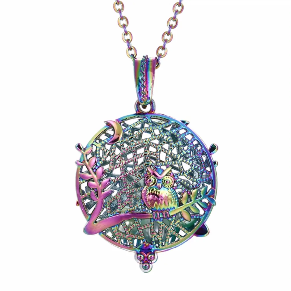 

1PC Rainbow Color Owl Magnetic Closure Aroma Diffuser Necklace Essential Oil Diffuser Open Locket Bohemian Necklace Gifts