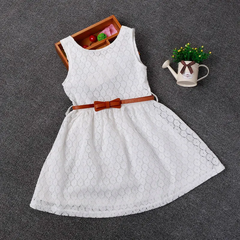 Berngi 2-8 Years Summer 100% Cotton Lace Vest Girls Dress Baby Girl Gift Dress Chlidren Clothes Kids Party Clothing Free Belt