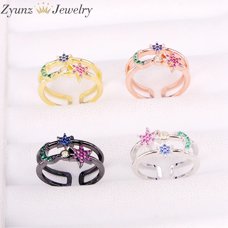 

5PCS, Crystal Colorful Zirconia Flower Moon Fashion Charm Rings Rainbow CZ Micro Pave Jewelry
