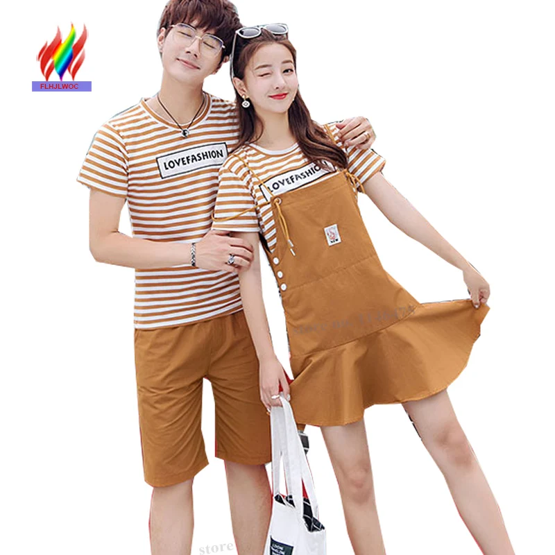 

Matching Couple Sweetheart Lovers Boyfriends And Girlfriends Striped T Shirt Dresses Cute Sweet Two Piece Girls Outfits Dress