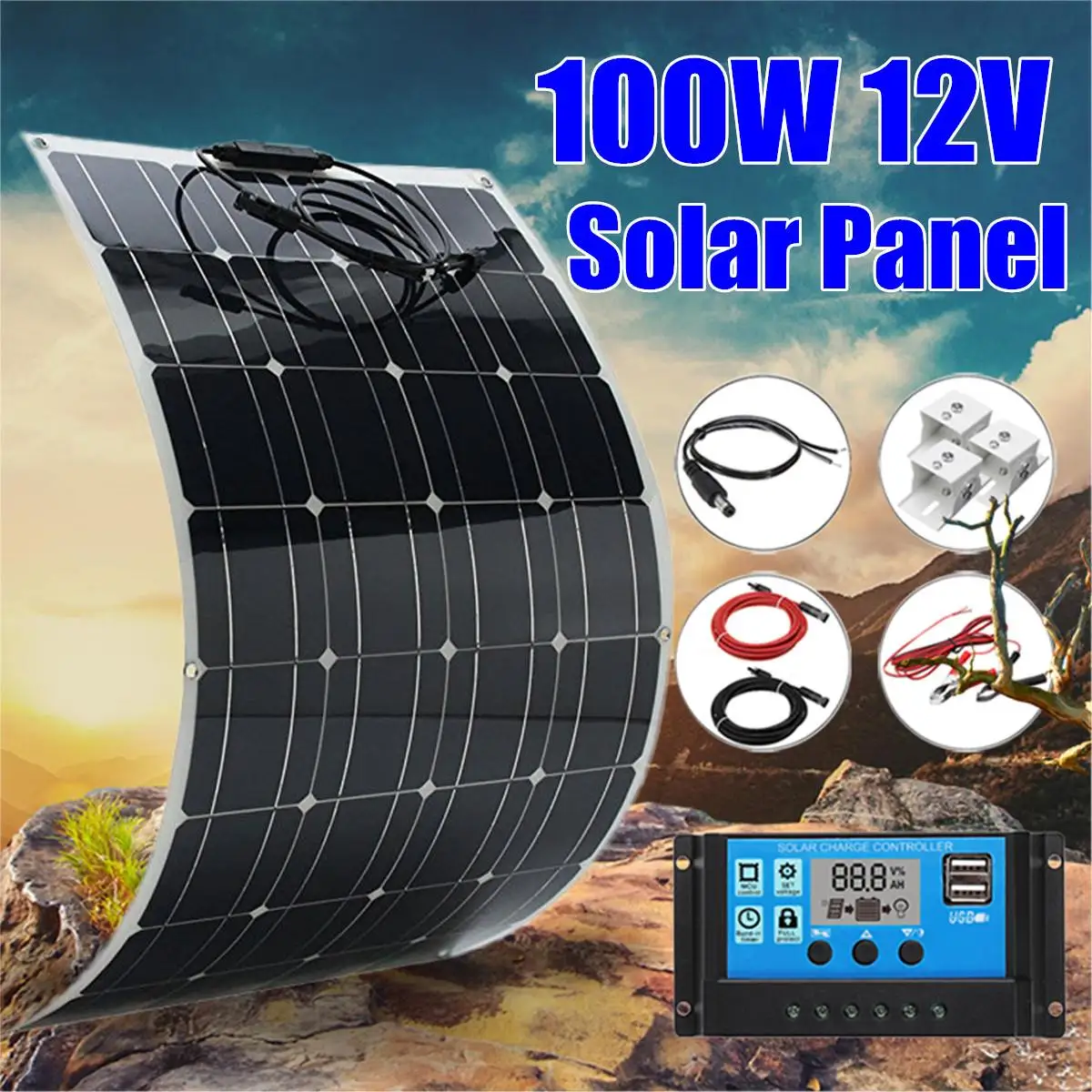 

100W Solar Panels Sun Power Flexible With 10A Solar Controller 12V Monocrystalline Battery Solar System Kit for Beginner