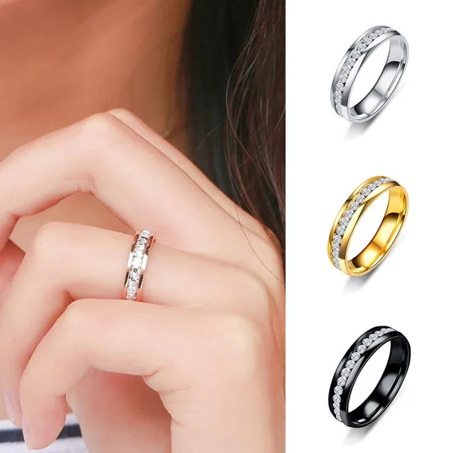 Dimensione US6-13 Oro Argento Colore Nero In Acciaio Inox Paio Zircone Anello uo Dimensione US6-13 Oro Argento Colore Nero In Acciaio Inox Paio Zircone Anello uo