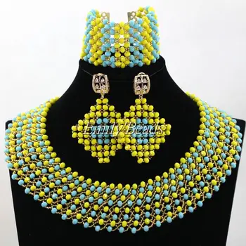 

Graceful Nigerian Wedding Party Beads Necklace Set Yellow/Blue African Crystal Beads Jewelry Set Fashion 2016 New ALJ369