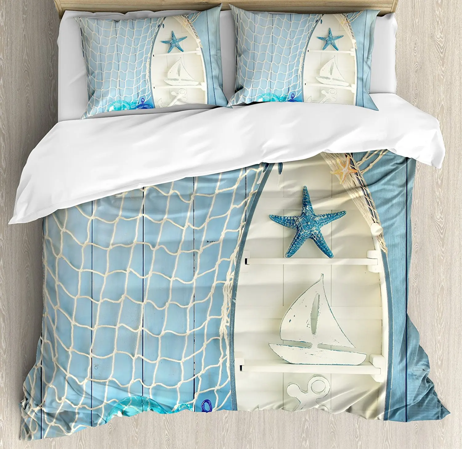 

Nautical Decor Duvet Cover Set Sea Objects on Wooden with Vintage Boat Starfish Shell Fishing Net Photo, 4 Piece Bedding Set