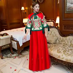 Новинка Азиатский невесты Свадебные Вечеринка платье зеленый кисточкой Cheongsam вышивка цветок Qipao Vestidos классический Тан комплект одежды