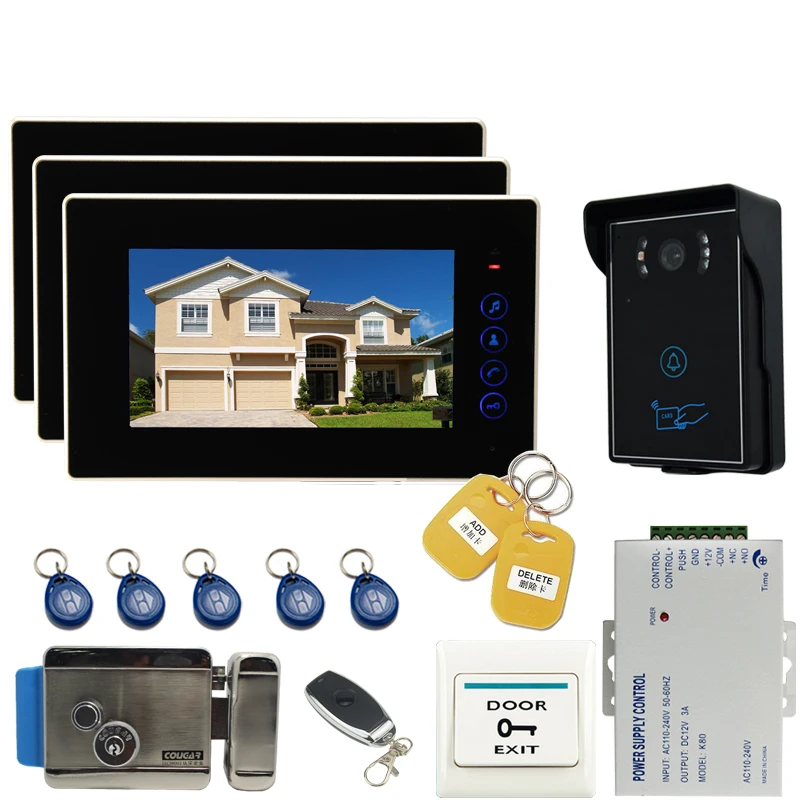 

JEX wired 7 inch LCD video intercom door phone doorbell system kit RFID waterproof Touch Key camera +Electronic control lock 1V3