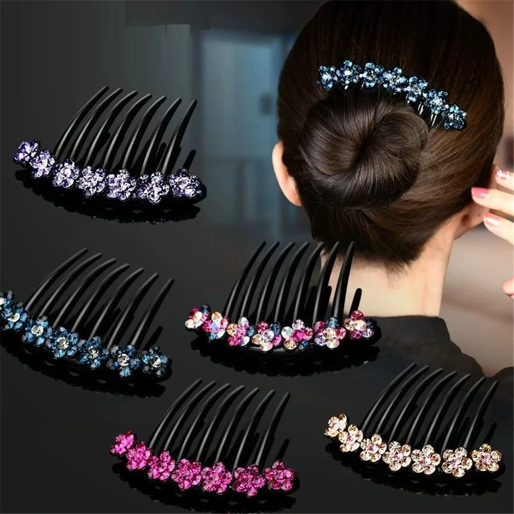 

1Pcs Elegent Women Crystal Flower Hair Combs Hairpins Bridal Hair Clips Rhinestone Bun Maker Headpieces Ladies Hair Accessories
