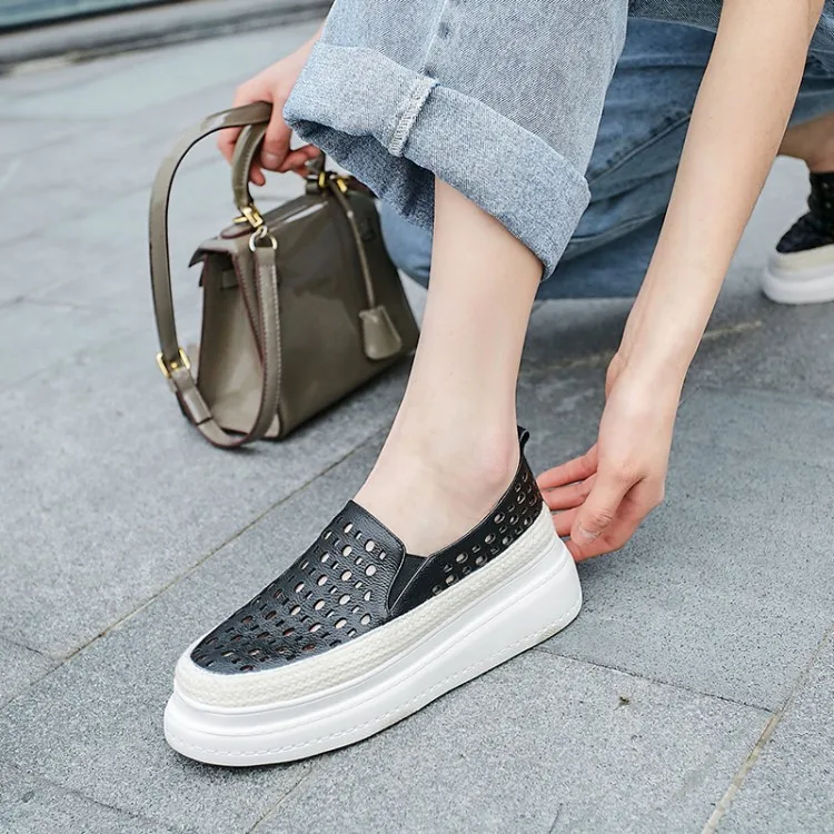 

PXELENA 2019 Spring Summer Lightweight Shoes Women Real Genuine Leather Hollow Out Round Toe Flat Platform Loafers Lady Comfort