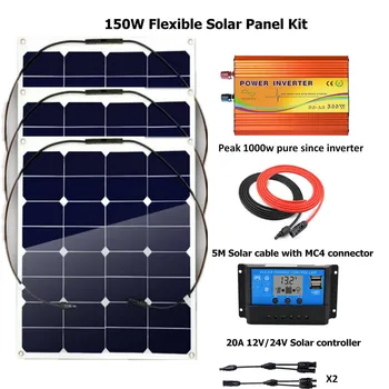 

150W solar panel Kits Off Grid System 3pcs 50w flexible solar panel with 20A LCD solar controller, Peak 1000W Inverter