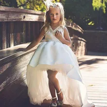 Великолепное белое платье с цветочным узором для девочек, с длинным шлейфом, с высоким низким v-образным вырезом, кристаллы, стразы, Детские Вечерние наряды для торжеств детское платье на день рождения