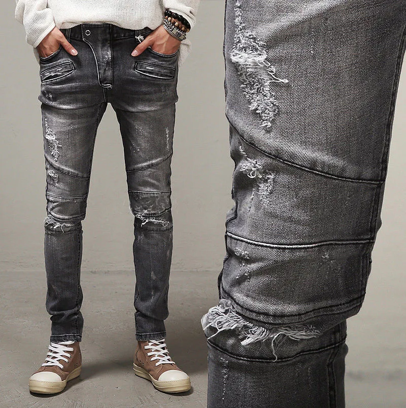 2016 Famous Paris Catwalk Shows Stretch Gray Men Jeans Washed Retro Slim Biker Jeans Balmai Jeans