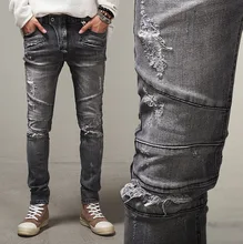 2016 Famous Paris Catwalk Shows Stretch Gray Men Jeans Washed Retro Slim Biker Jeans Balmai Jeans